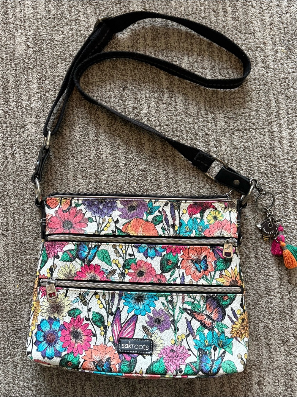 Sakroots Artist Circle Basic Crossbody Bag butterfly floral and bees design
